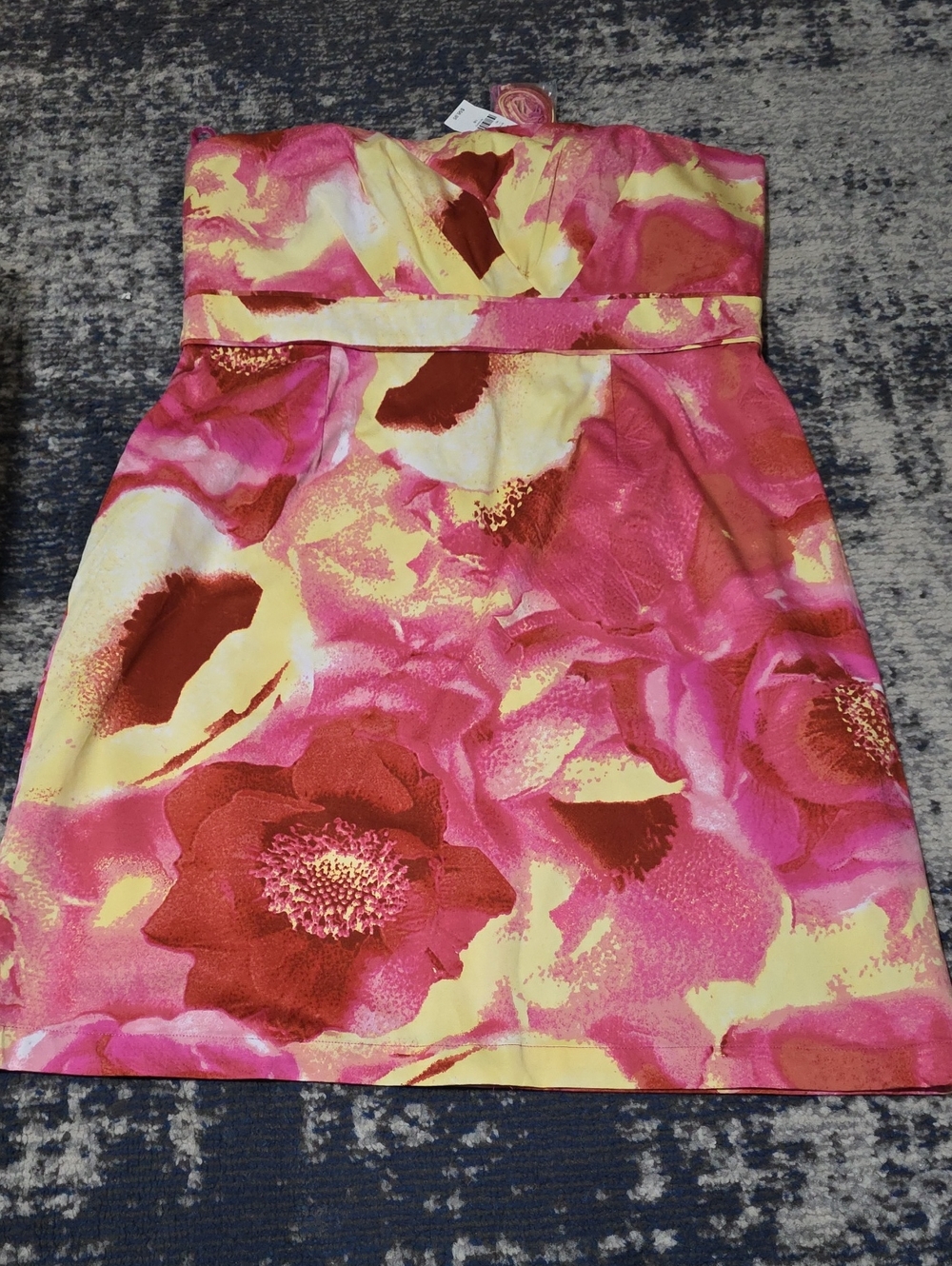 New York & Company Pink and Yellow Floral Strapless Mini Dress